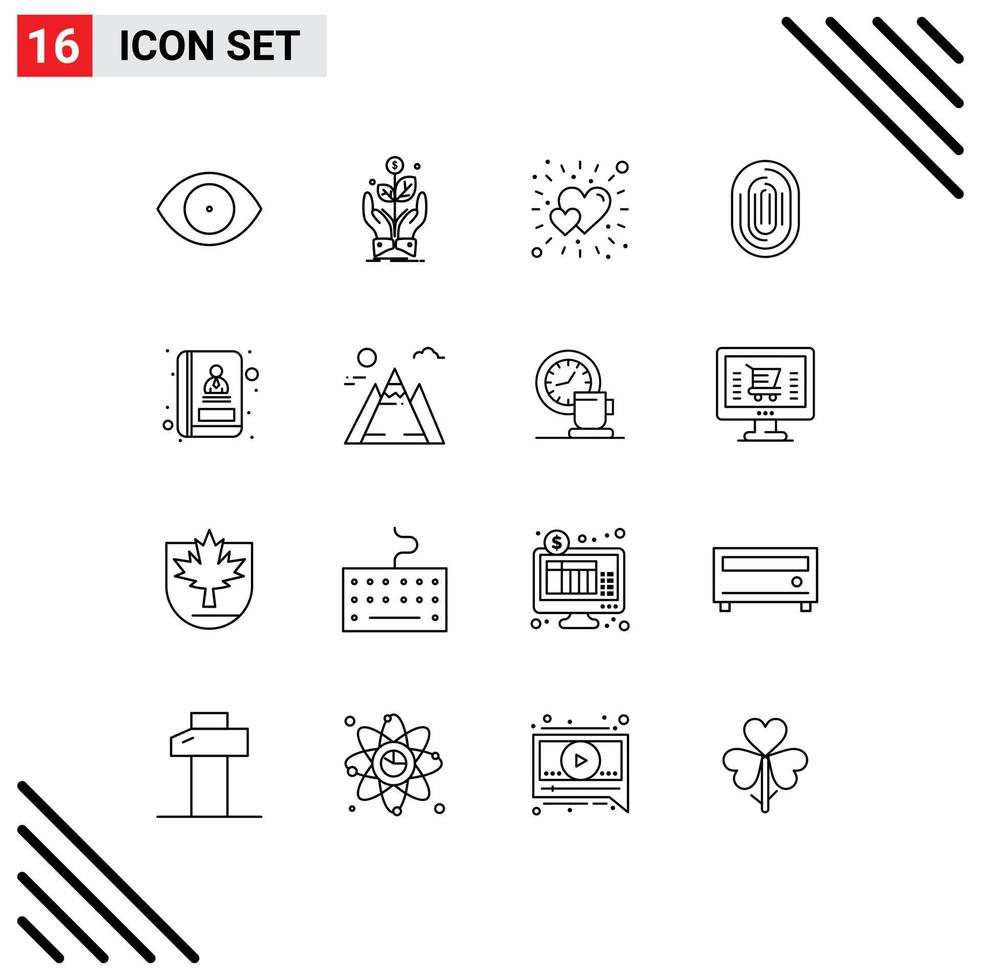 User Interface Pack of 16 Basic Outlines of scanner recognition rise identity love Editable Vector Design Elements