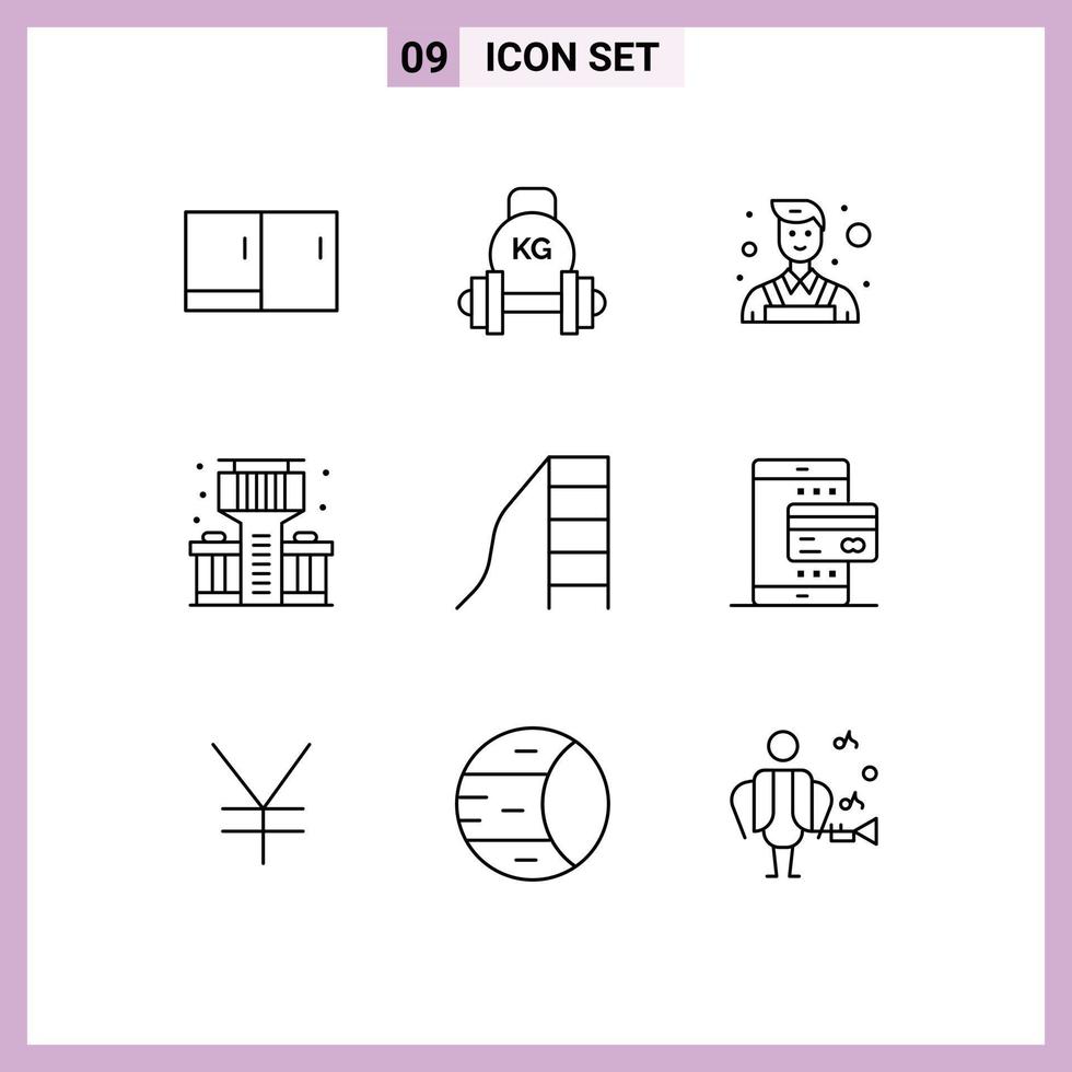 Universal Icon Symbols Group of 9 Modern Outlines of kindergarten baby weight bar city Editable Vector Design Elements