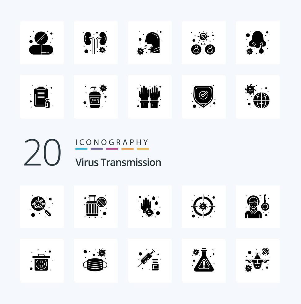 20 Virus Transmission Solid Glyph icon Pack like headache virus hand disease target vector