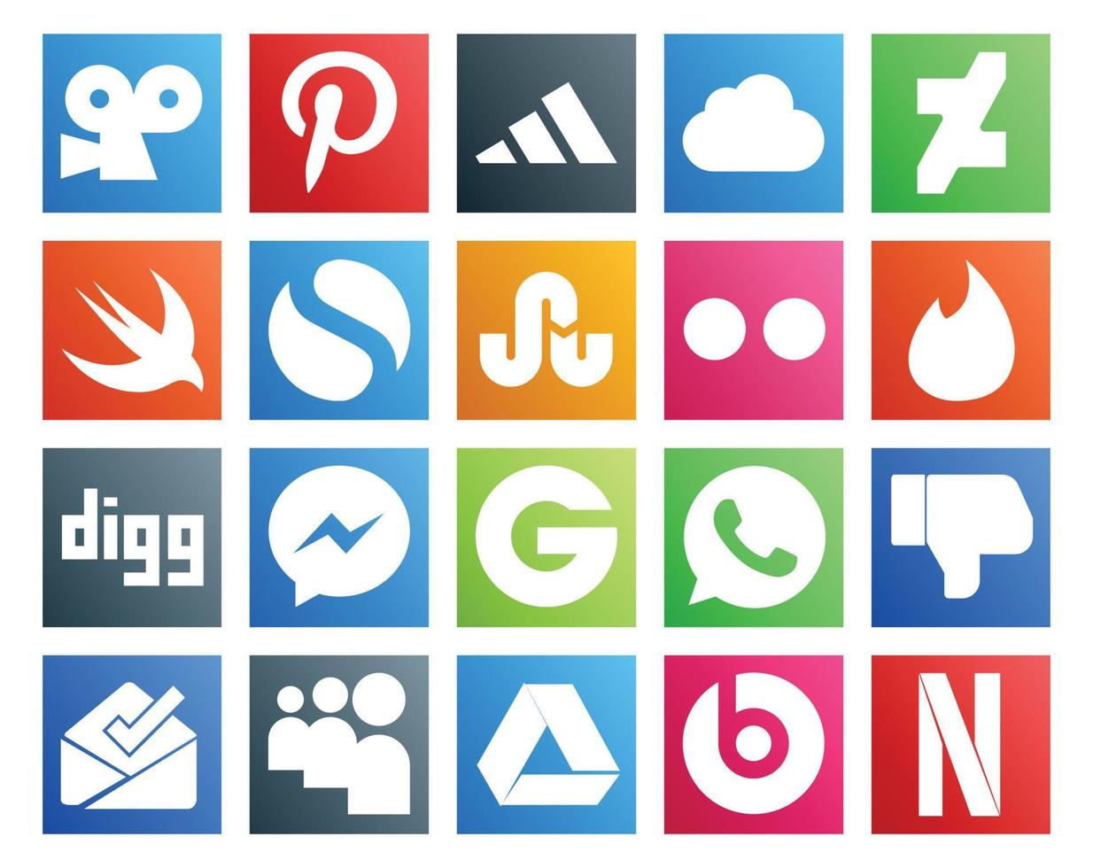 20 social medios de comunicación icono paquete incluso google conducir bandeja de entrada flickr disgusto grupo vector