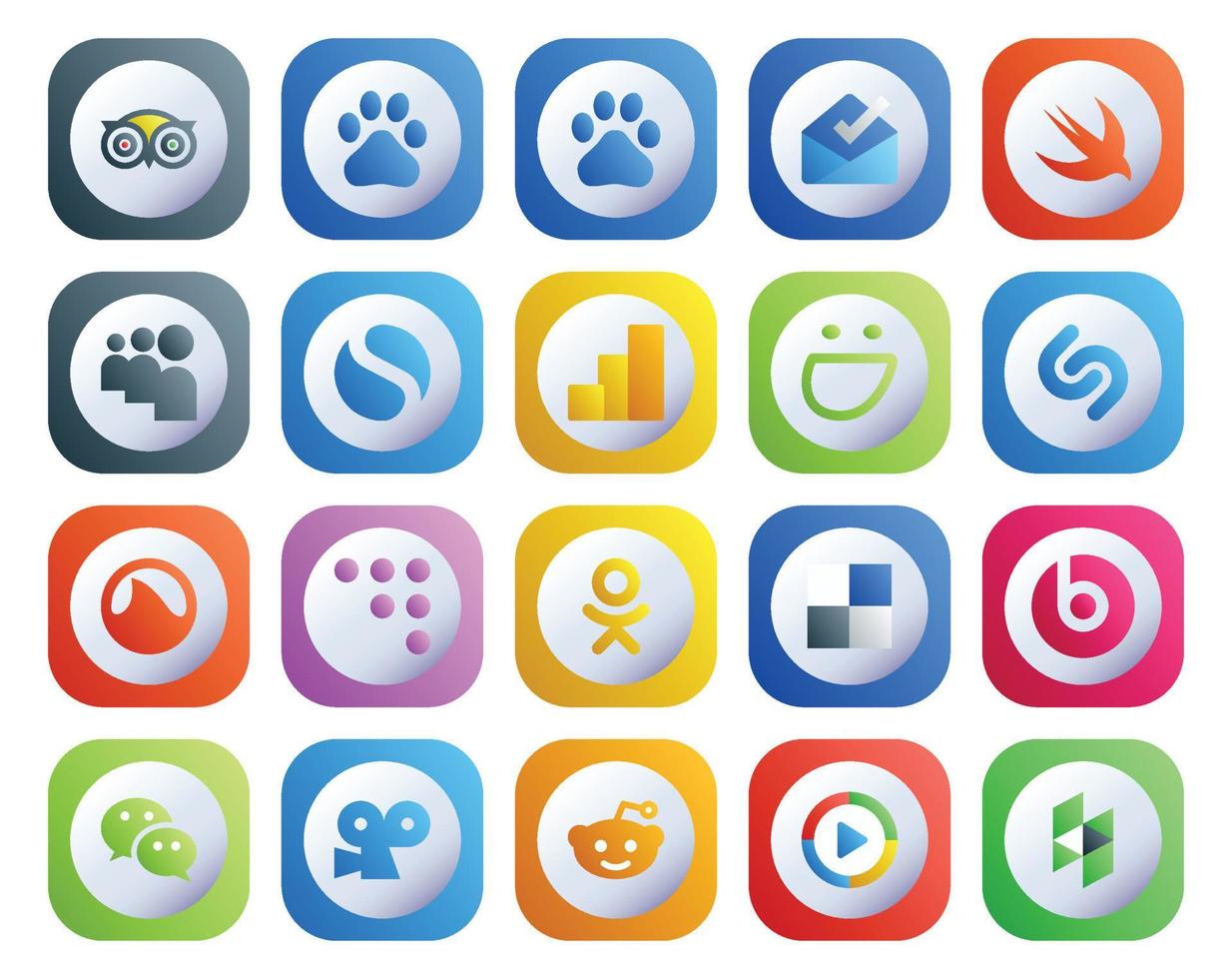 20 social medios de comunicación icono paquete incluso videista wechat presumido late píldora odnoklassniki vector