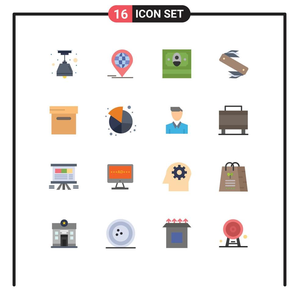 Group of 16 Flat Colors Signs and Symbols for chart archive finance pocket camping Editable Pack of Creative Vector Design Elements