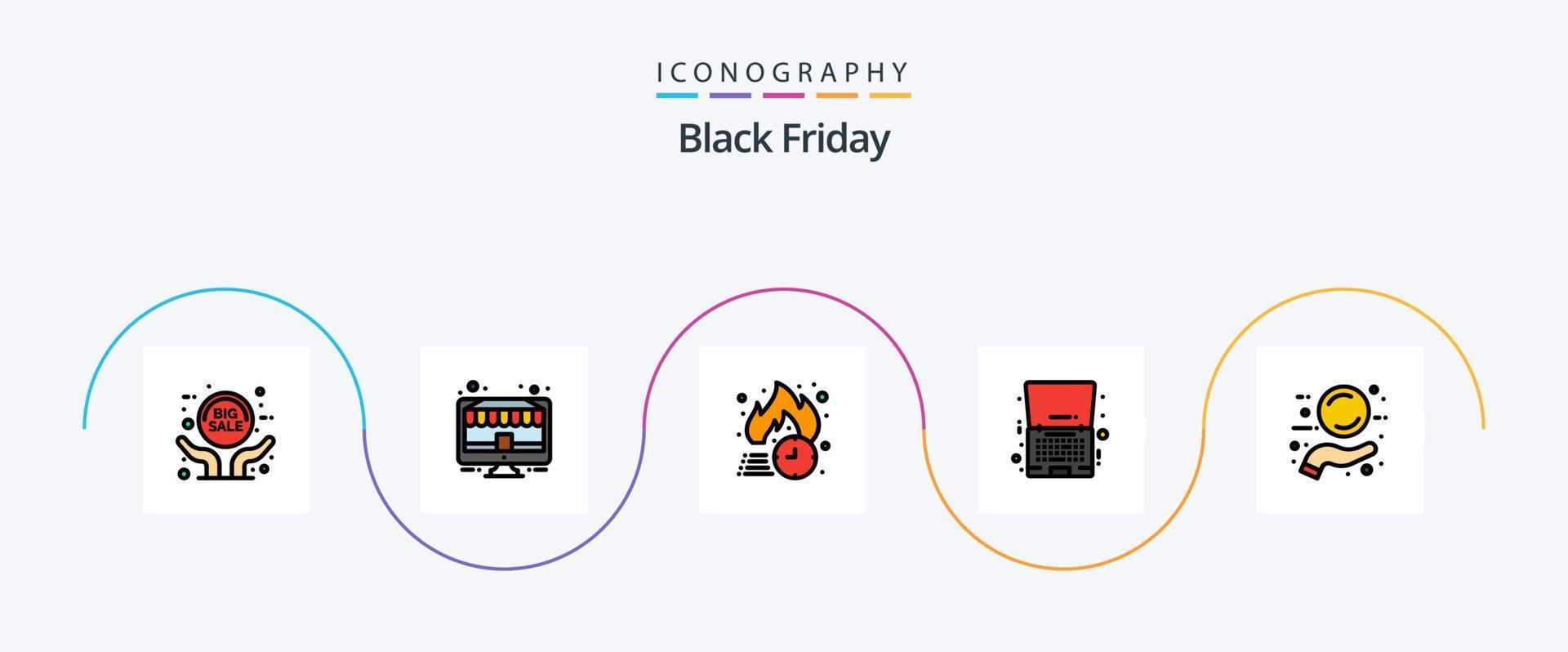 Black Friday Line Filled Flat 5 Icon Pack Including notebook. discount. pc. friday. hot vector