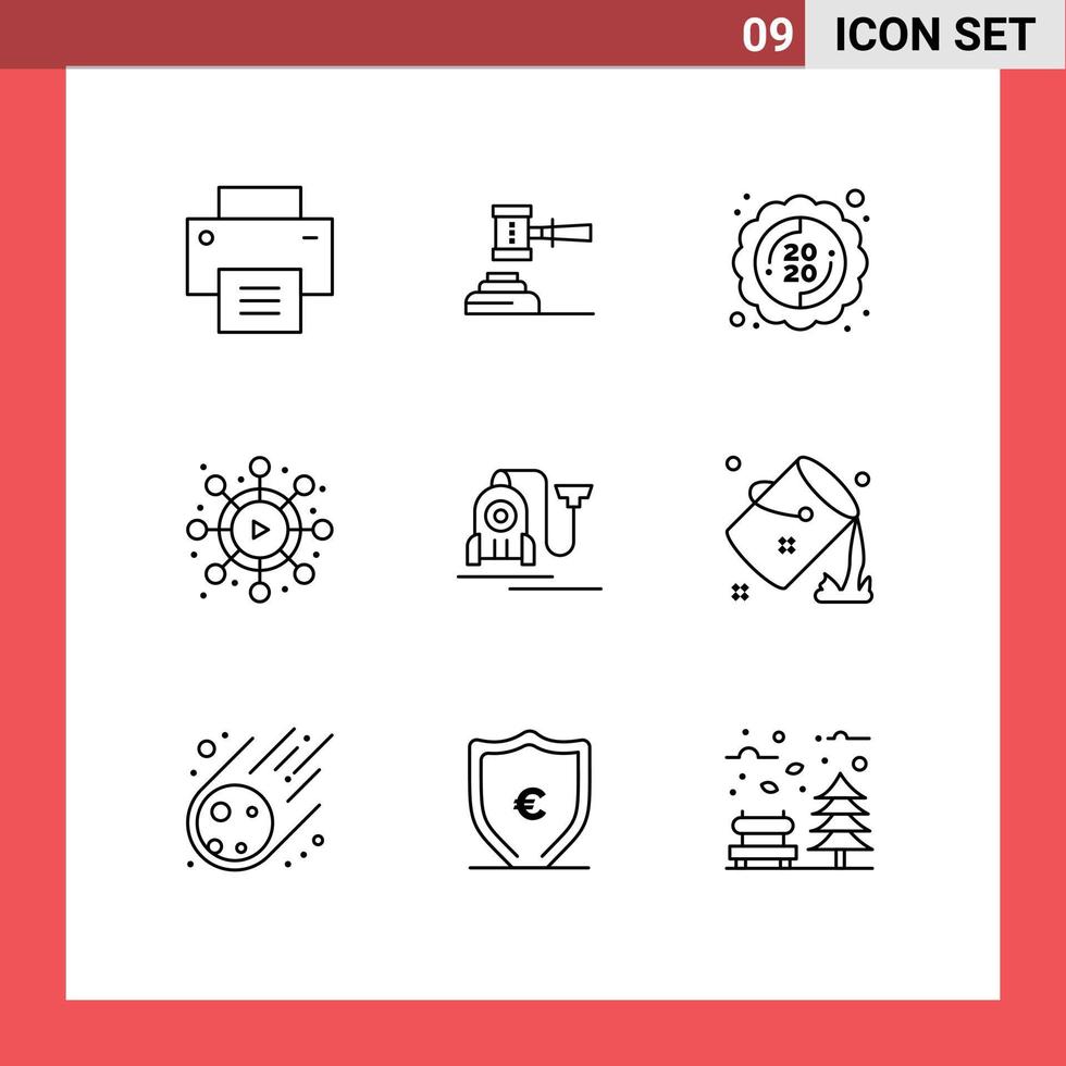 Mobile Interface Outline Set of 9 Pictograms of video year gavel sticker label Editable Vector Design Elements