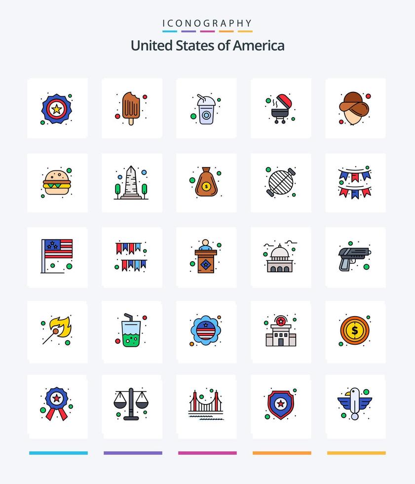 Creative Usa 25 Line FIlled icon pack  Such As hat. usa. bottle. grill. barbecue vector