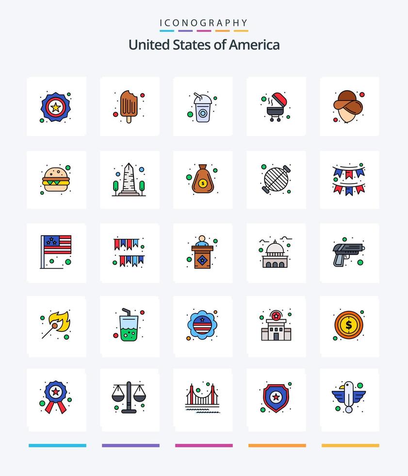 creativo Estados Unidos 25 línea lleno icono paquete tal como sombrero. EE.UU. botella. parrilla. parilla vector