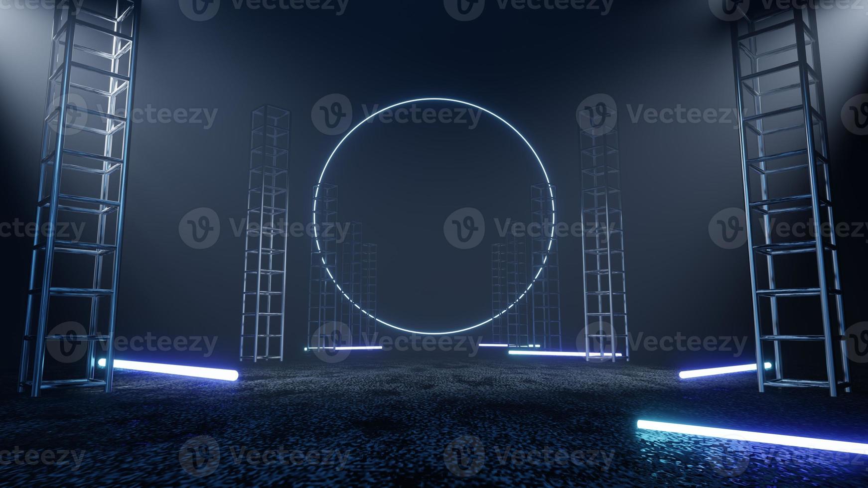 3d technology abstract neon light background, empty space scene, spotlight, dark night, virtual reality, cyber futuristic sci-fi background, street floor studio for mock up. colored geometric. photo