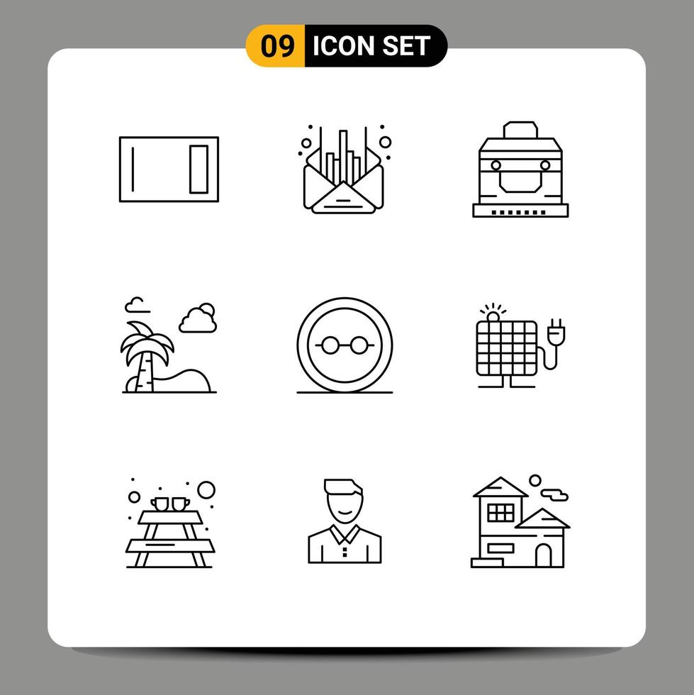 Pack of 9 Modern Outlines Signs and Symbols for Web Print Media such as eye glasses tree message palm treasure Editable Vector Design Elements