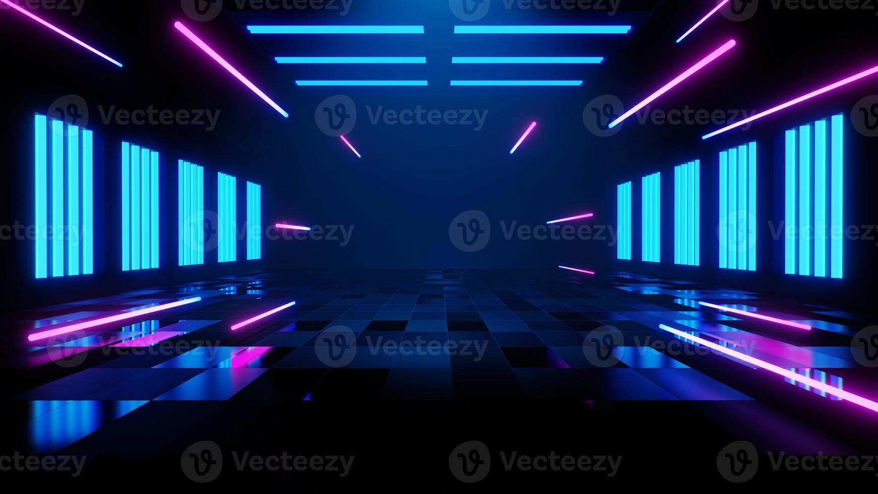 3d technology abstract neon light background, empty space scene, spotlight, dark night, virtual reality, cyber futuristic sci-fi background, street floor studio for mock up. colored geometric. photo