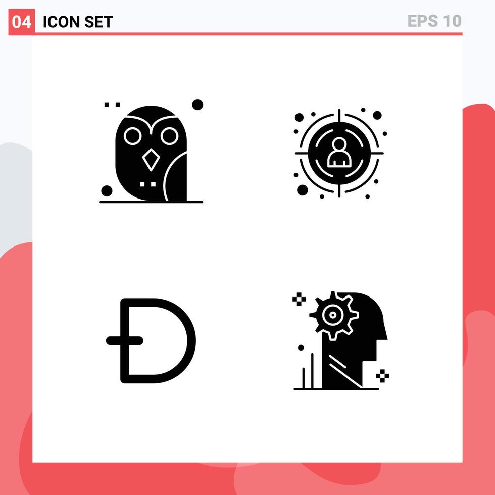 Group of 4 Solid Glyphs Signs and Symbols for animal coin owl target cryptocurrency Editable Vector Design Elements