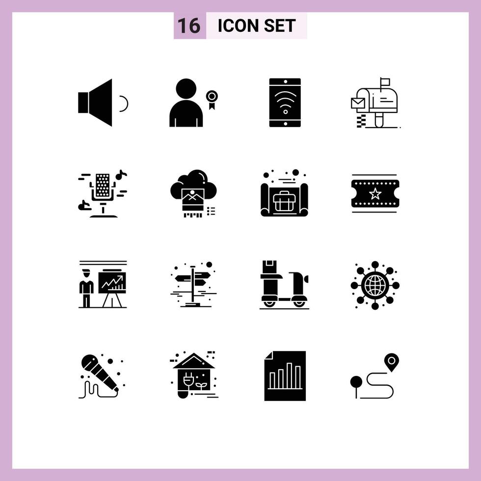 16 Universal Solid Glyphs Set for Web and Mobile Applications sound microphone beach audio mailbox Editable Vector Design Elements