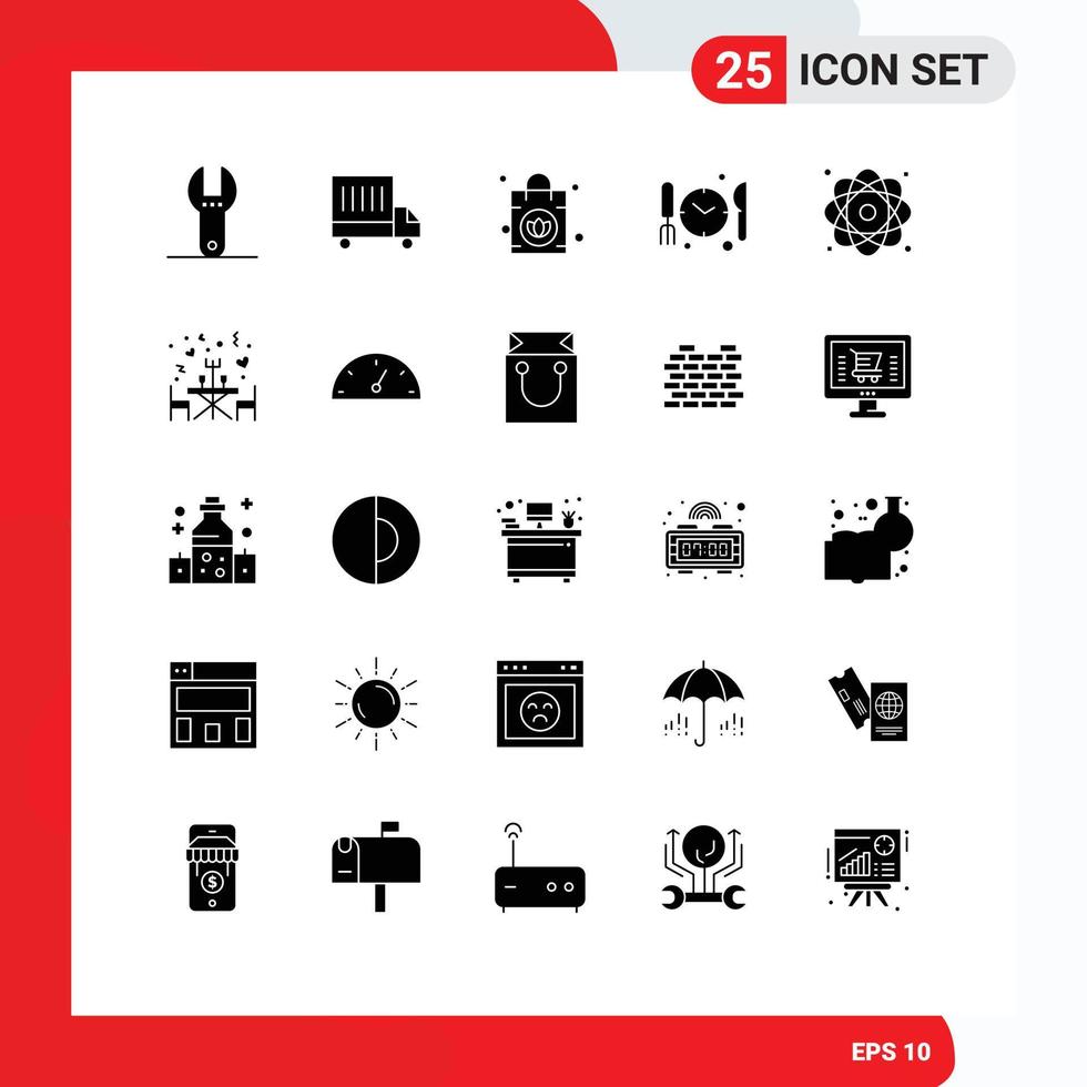 Solid Glyph Pack of 25 Universal Symbols of dinner nuclear purse molecule atom Editable Vector Design Elements