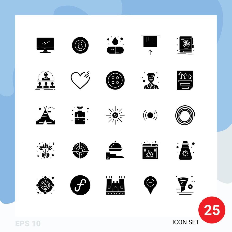 Group of 25 Solid Glyphs Signs and Symbols for address credit card sport atm pill Editable Vector Design Elements