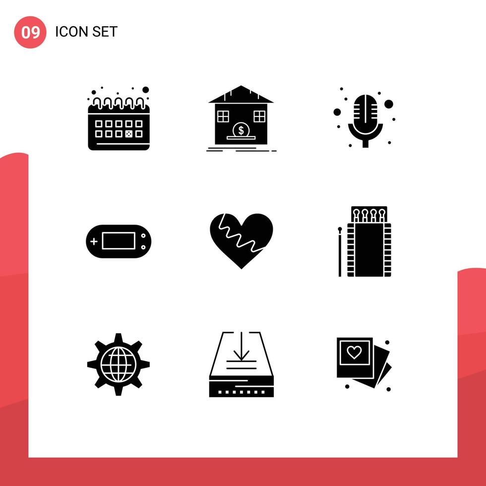 Set of 9 Modern UI Icons Symbols Signs for love psp bank playstation console Editable Vector Design Elements