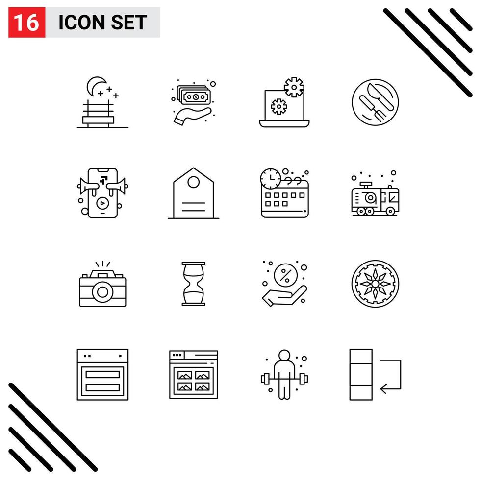 Mobile Interface Outline Set of 16 Pictograms of tag video setting speaker knife Editable Vector Design Elements