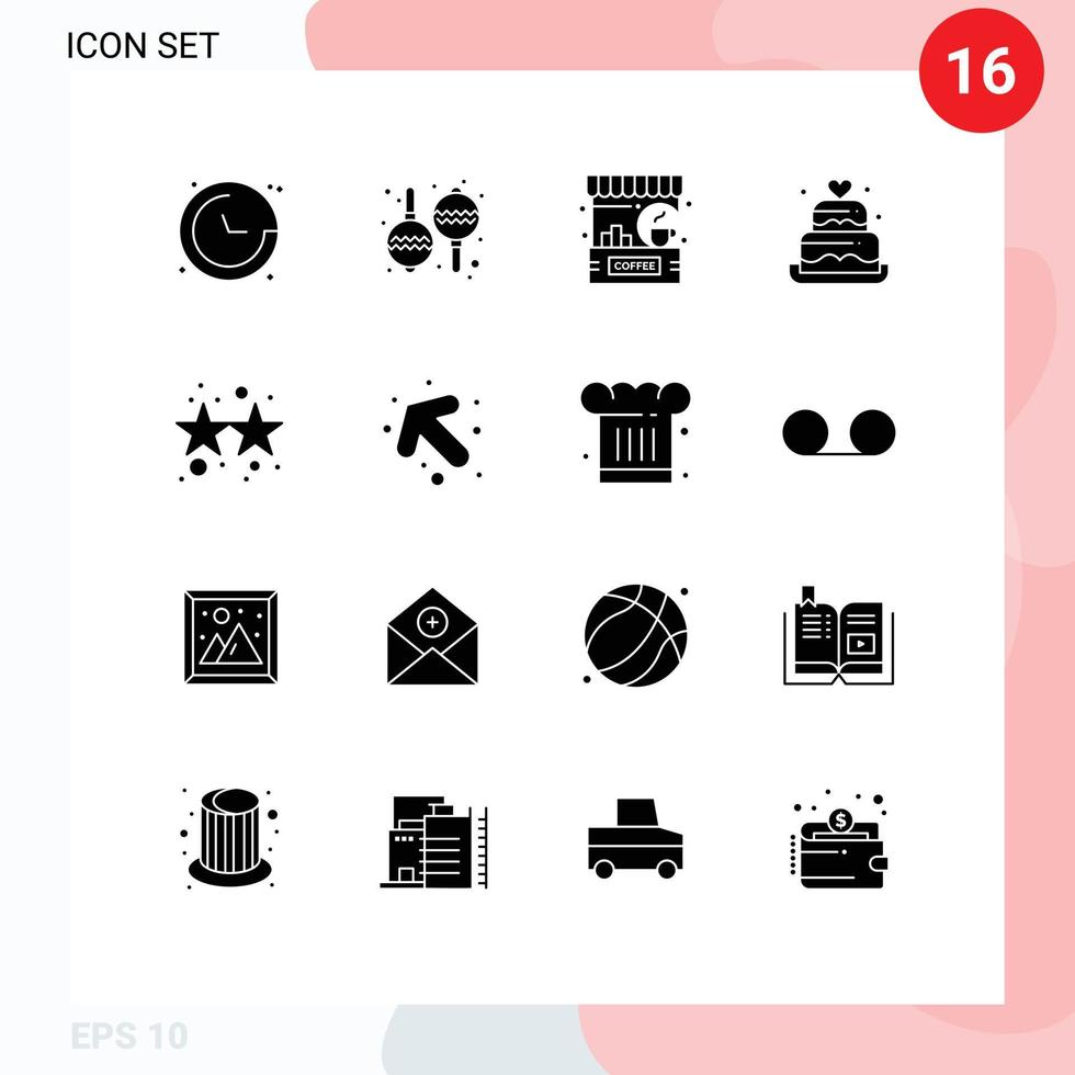 Mobile Interface Solid Glyph Set of 16 Pictograms of firework wedding cafe heart cake Editable Vector Design Elements