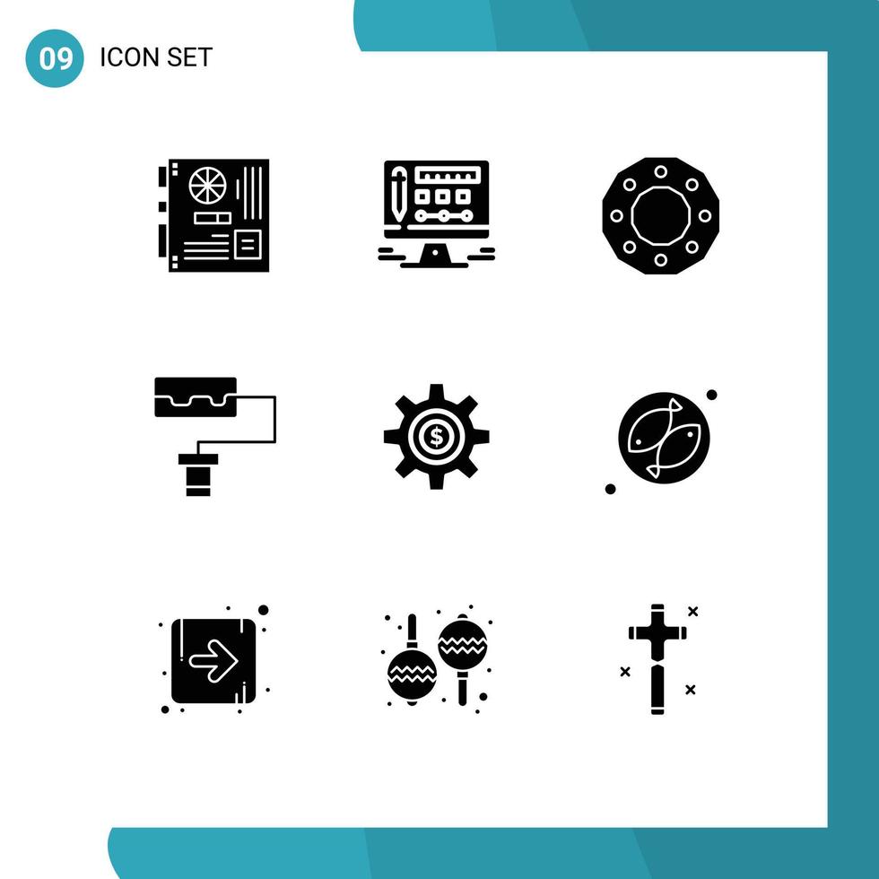 9 Universal Solid Glyph Signs Symbols of gear cog celebration roller shape Editable Vector Design Elements