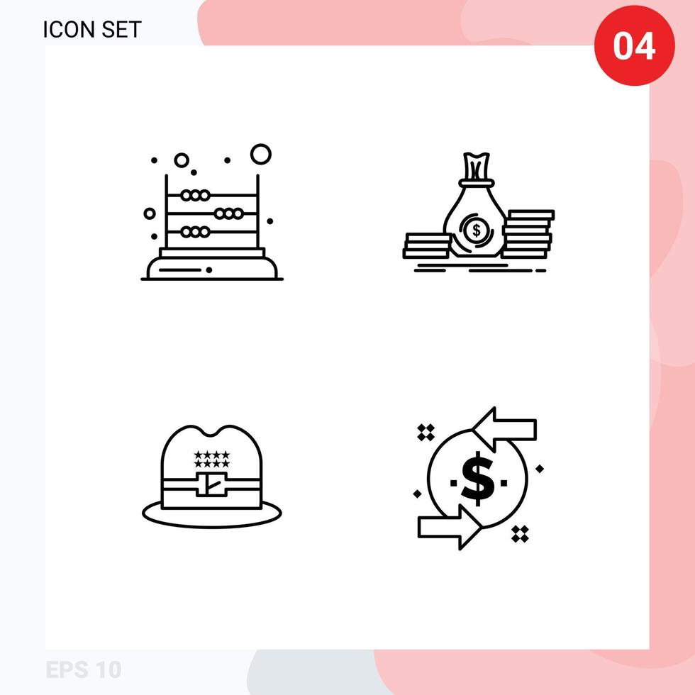 Modern Set of 4 Filledline Flat Colors Pictograph of game money mathematics bag cap Editable Vector Design Elements