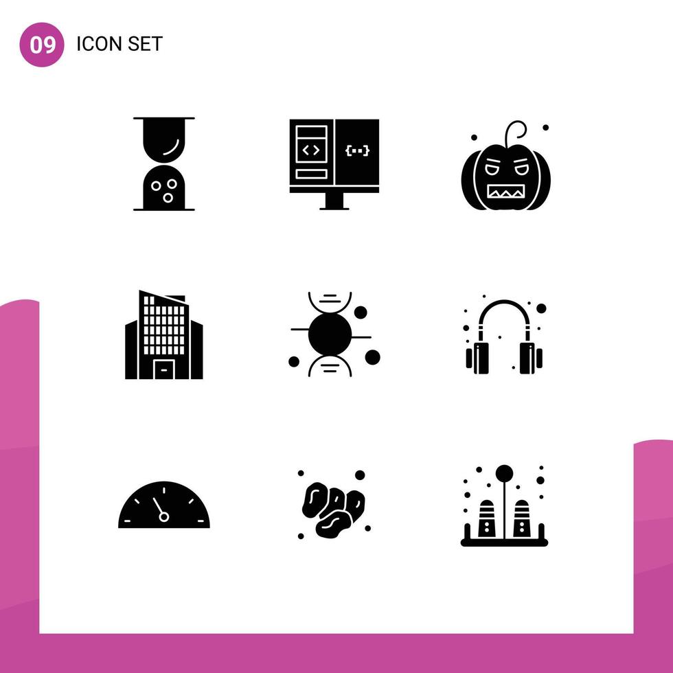 Mobile Interface Solid Glyph Set of 9 Pictograms of bone skyscraper development office pumpkin Editable Vector Design Elements
