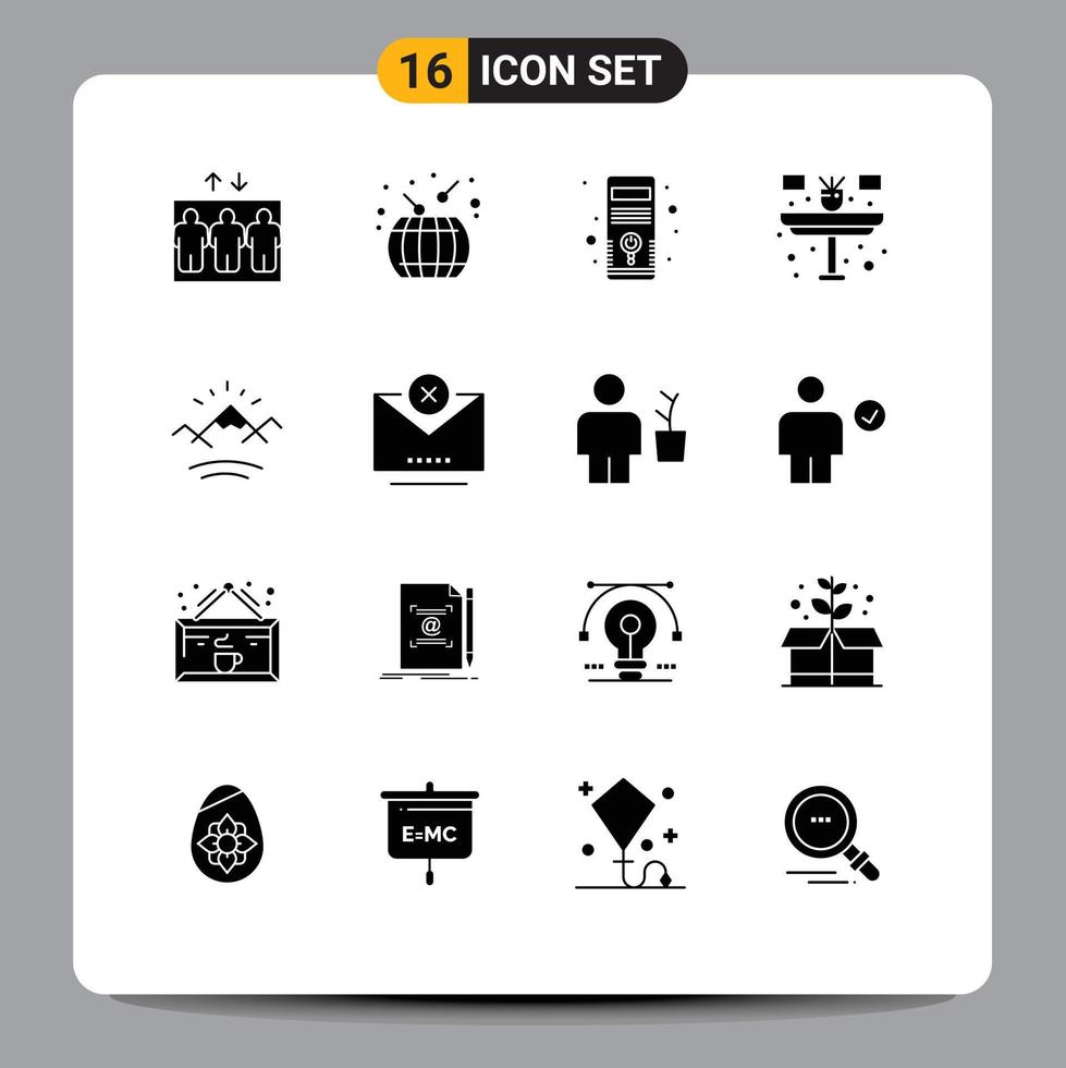 16 Thematic Vector Solid Glyphs and Editable Symbols of sun mountains hardware table flower Editable Vector Design Elements