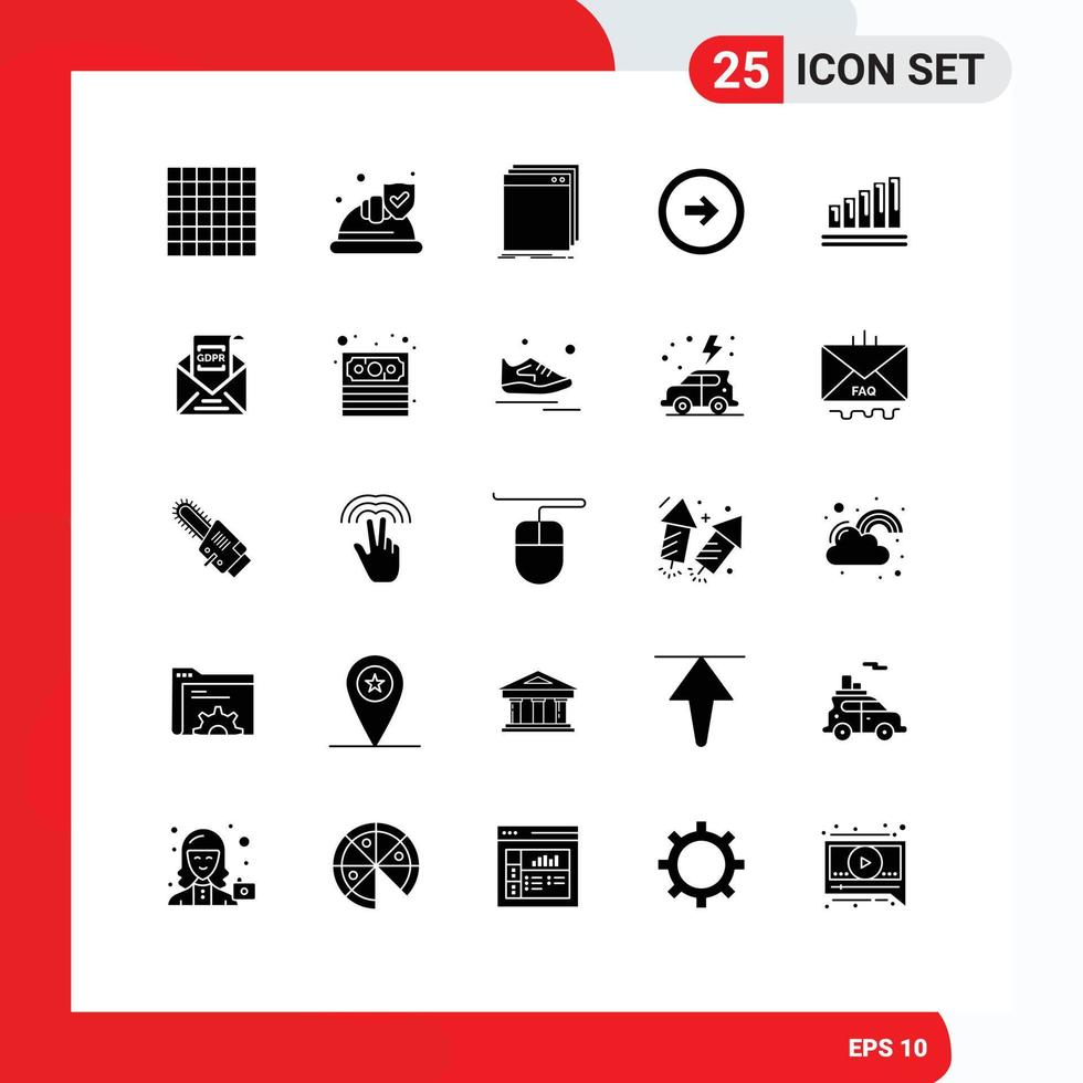 User Interface Pack of 25 Basic Solid Glyphs of chart right application user interface button Editable Vector Design Elements