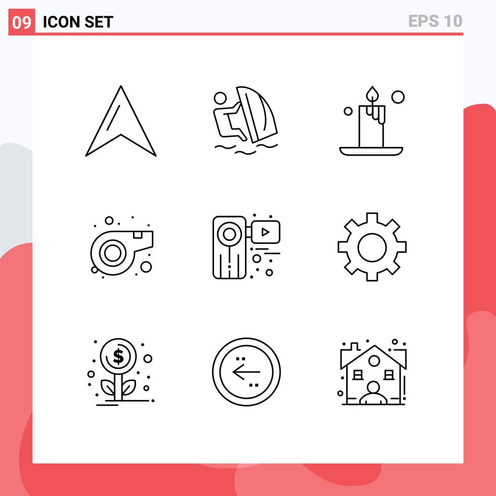 Mobile Interface Outline Set of 9 Pictograms of recorder movie candle camera sport Editable Vector Design Elements