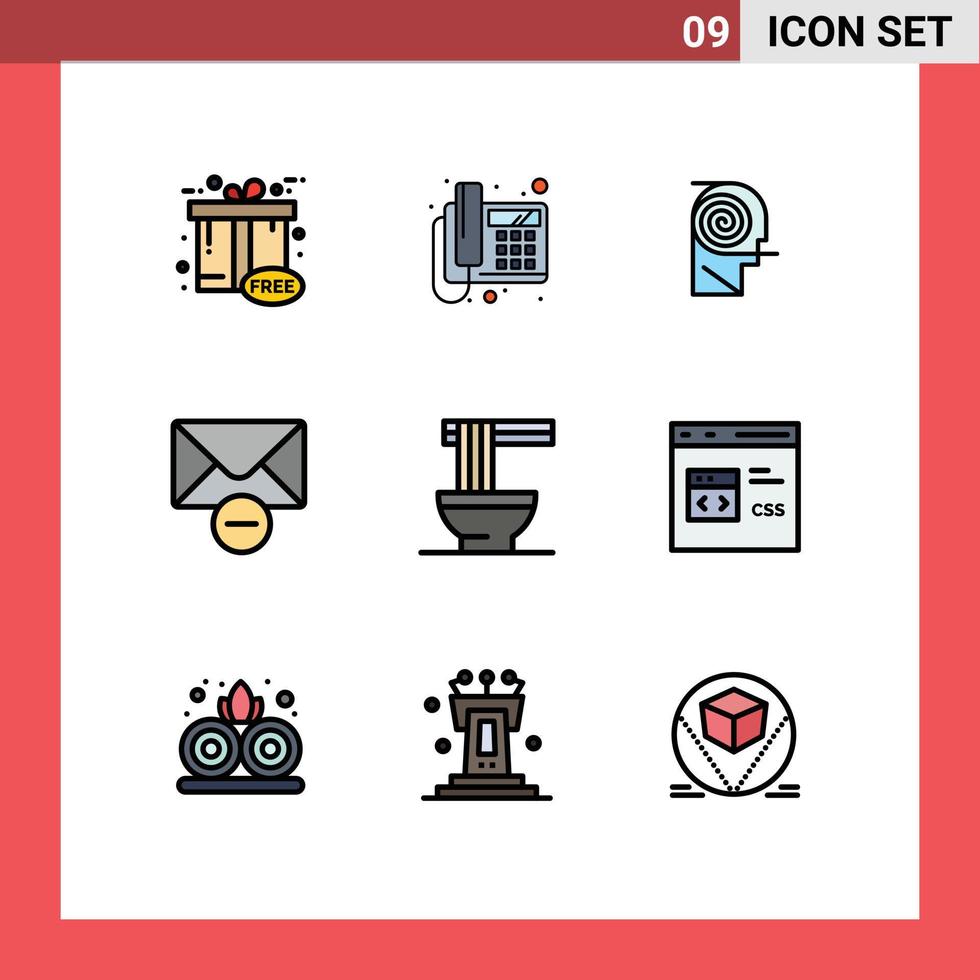 Pack of 9 Modern Filledline Flat Colors Signs and Symbols for Web Print Media such as food message better mail study Editable Vector Design Elements