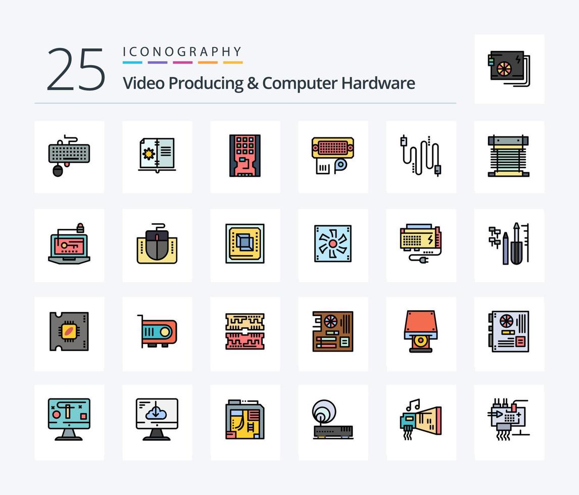 Video Producing And Computer Hardware 25 Line Filled icon pack including input. connection. instruction. adapter. solid vector