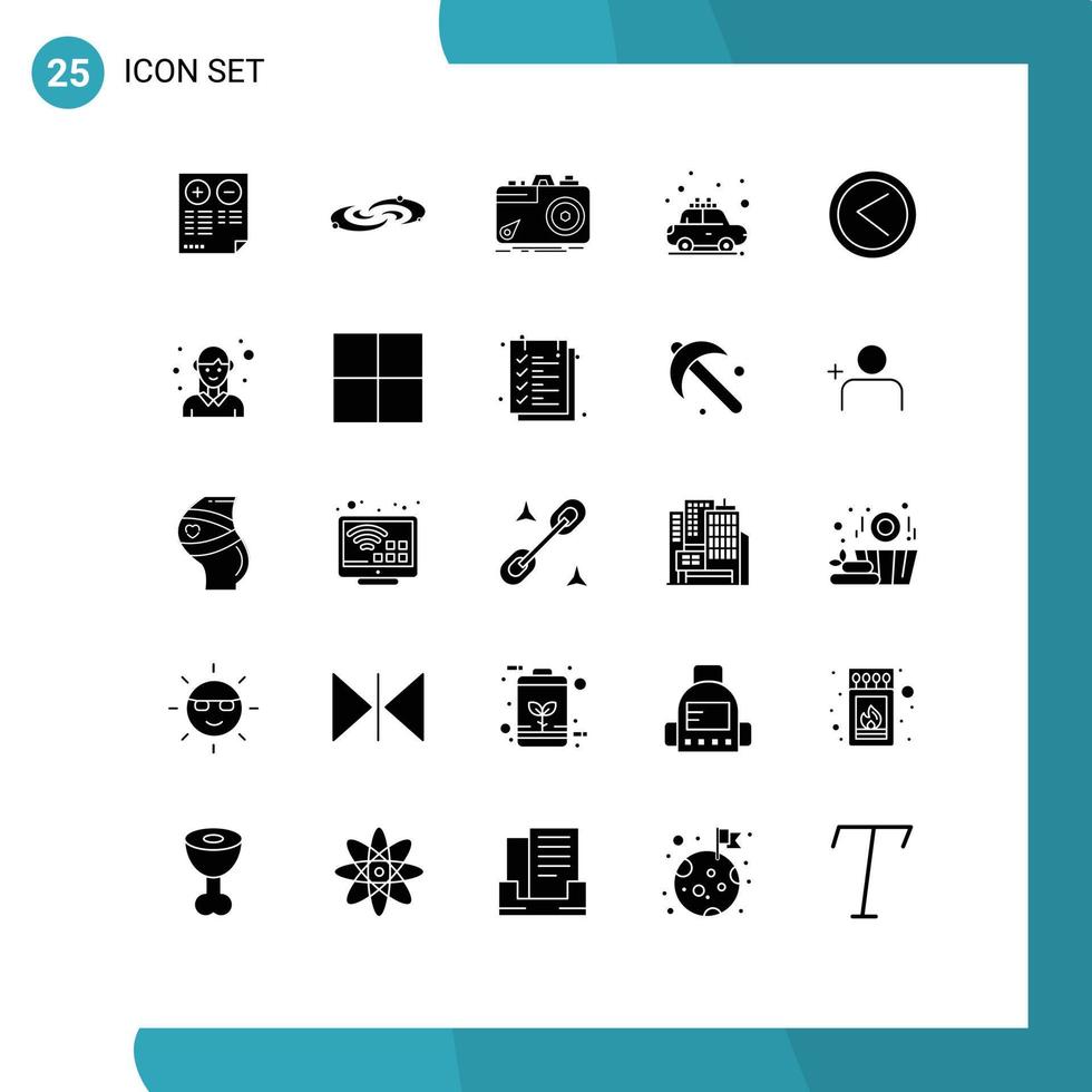 Group of 25 Solid Glyphs Signs and Symbols for transport car system aperture capture Editable Vector Design Elements