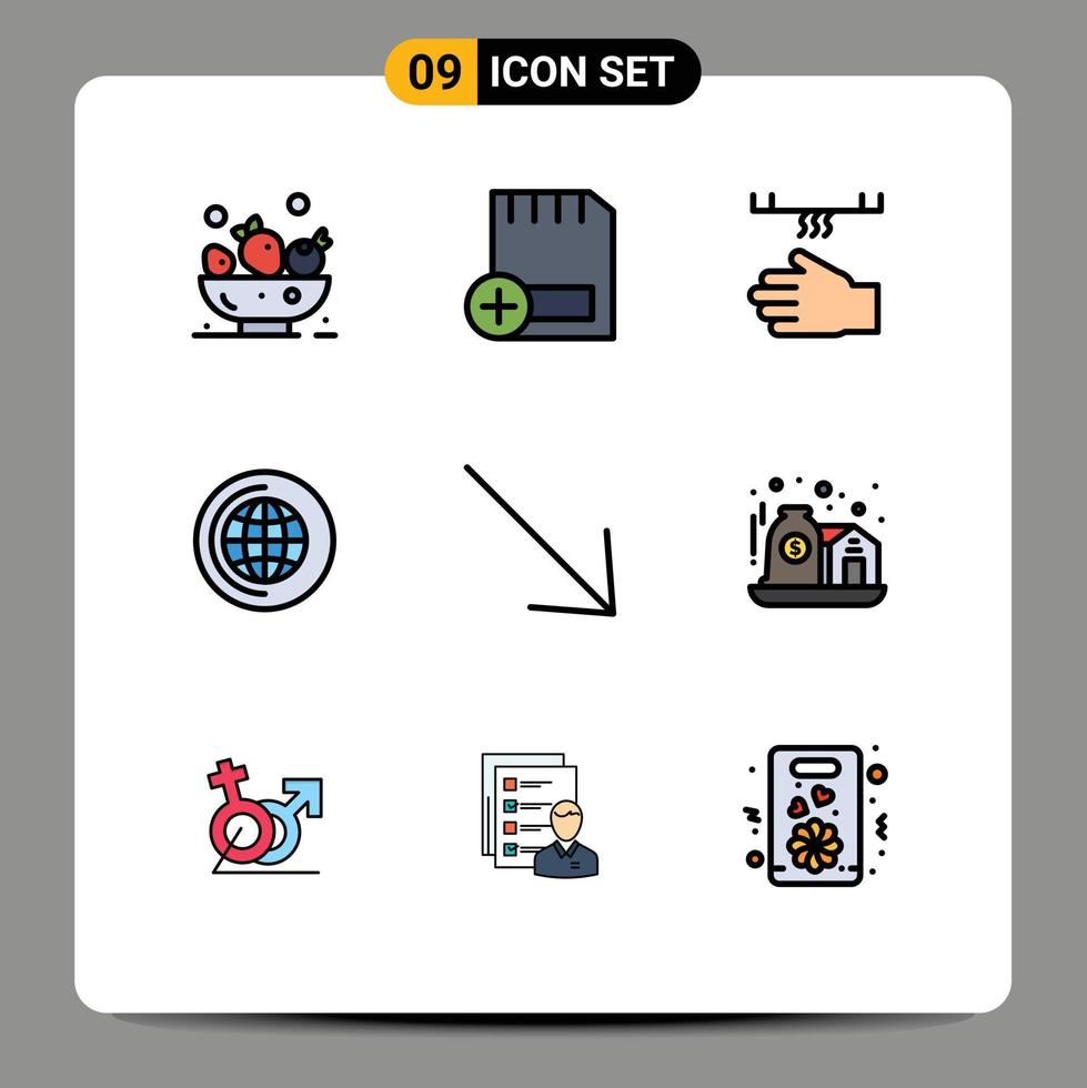 Pack of 9 creative Filledline Flat Colors of right cd bath world hand Editable Vector Design Elements