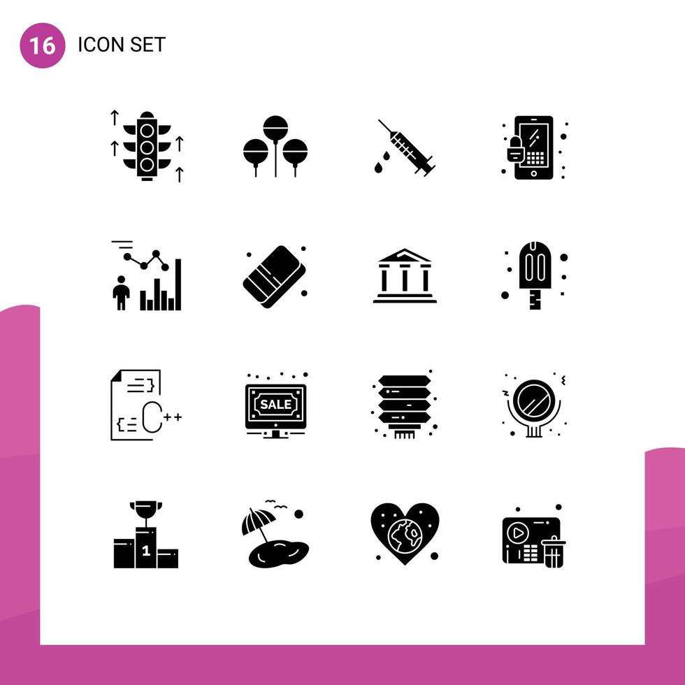 Group of 16 Modern Solid Glyphs Set for person efficiency medical data security Editable Vector Design Elements