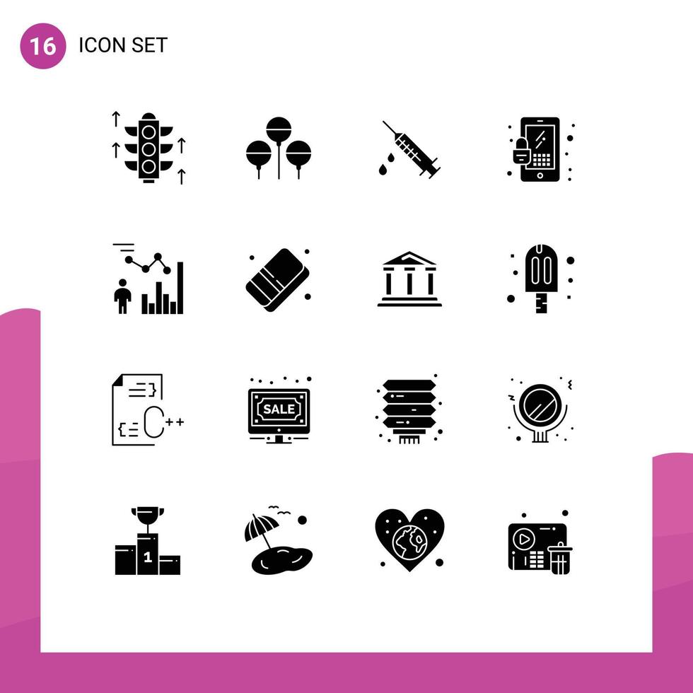 Group of 16 Modern Solid Glyphs Set for person efficiency medical data security Editable Vector Design Elements