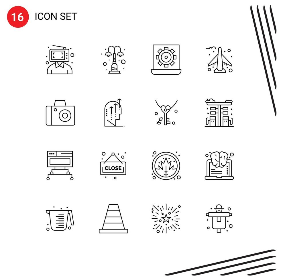Mobile Interface Outline Set of 16 Pictograms of plane airplane park setting laptop Editable Vector Design Elements
