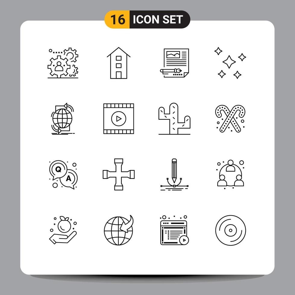 Mobile Interface Outline Set of 16 Pictograms of night stars nature shops pen paper Editable Vector Design Elements