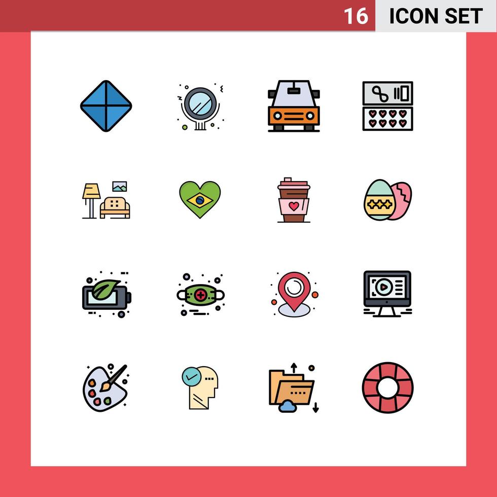 Mobile Interface Flat Color Filled Line Set of 16 Pictograms of flag heart gift gallery room Editable Creative Vector Design Elements