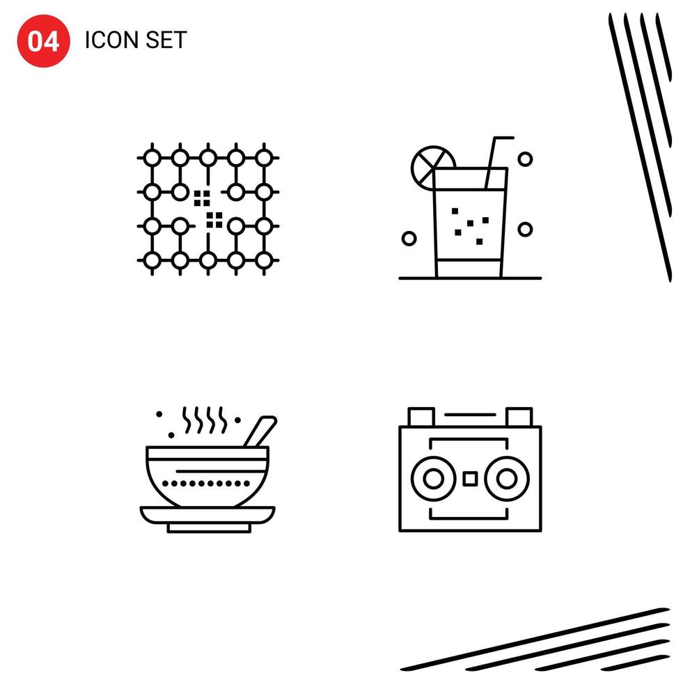 Mobile Interface Line Set of 4 Pictograms of chip soup grid healthy hot Editable Vector Design Elements