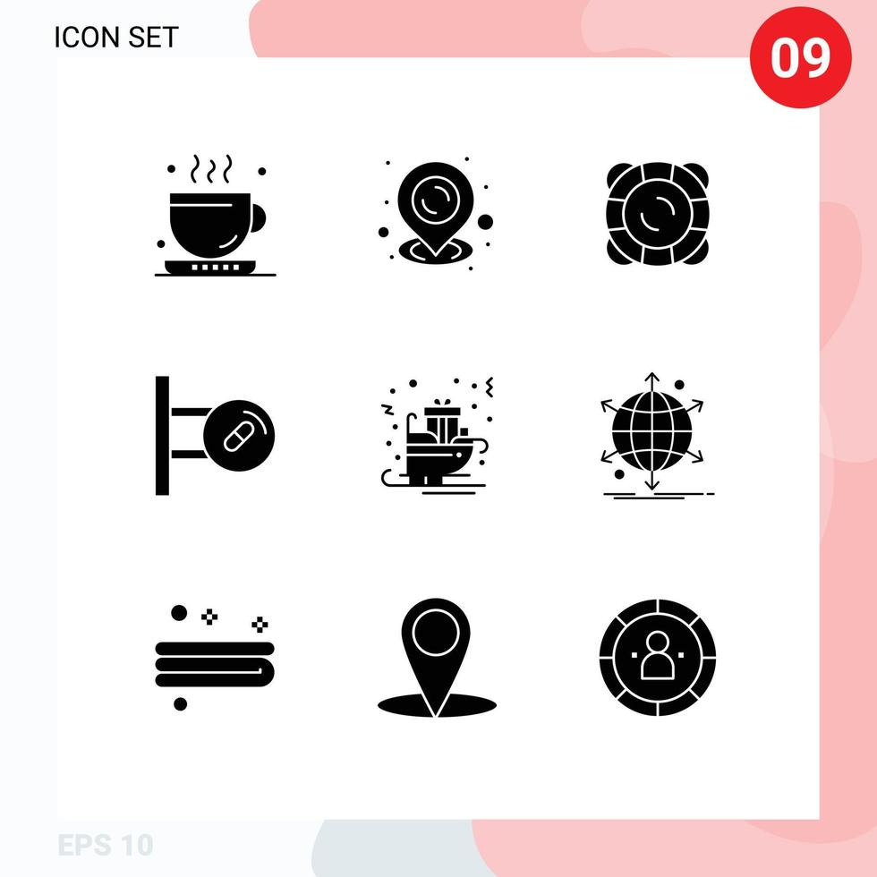 Set of 9 Vector Solid Glyphs on Grid for santa claus carriage safety medicine board Editable Vector Design Elements