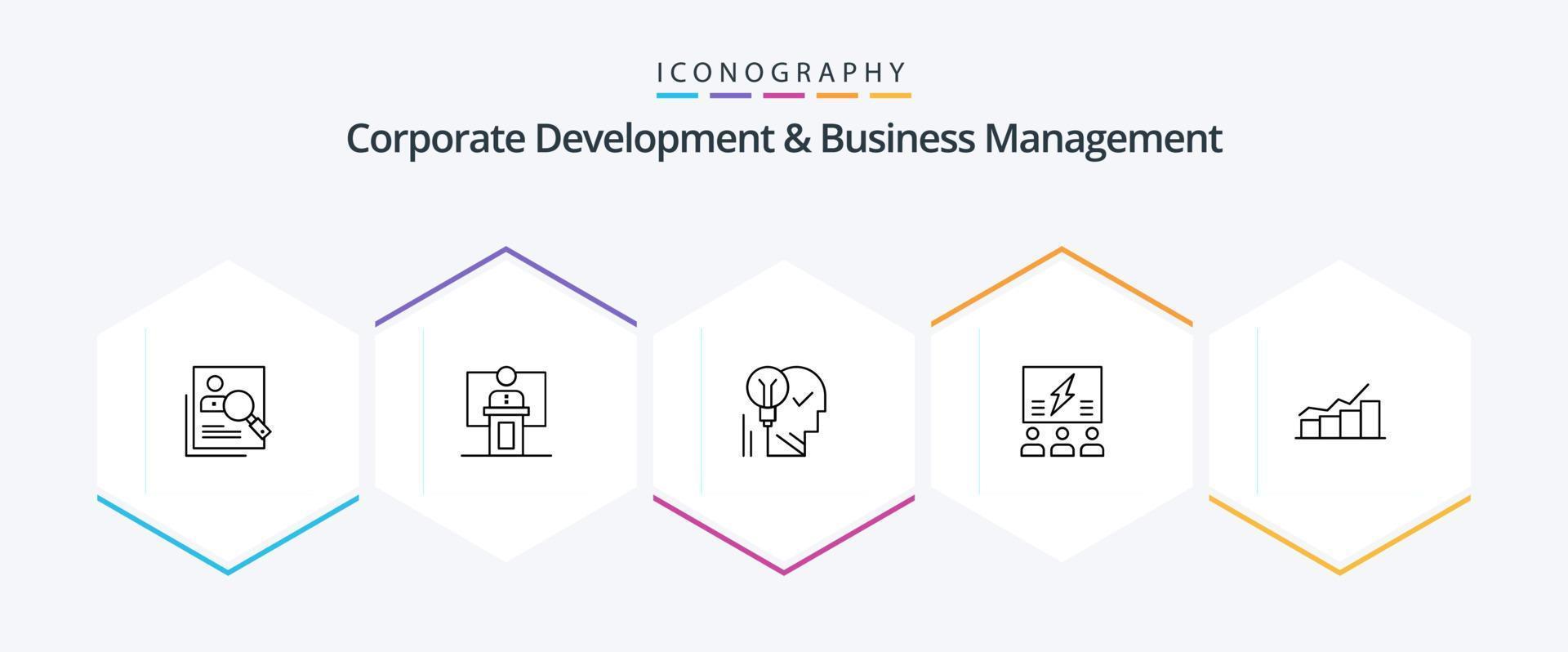 Corporate Development And Business Management 25 Line icon pack including idea. creative. speech. speaker. presentation vector