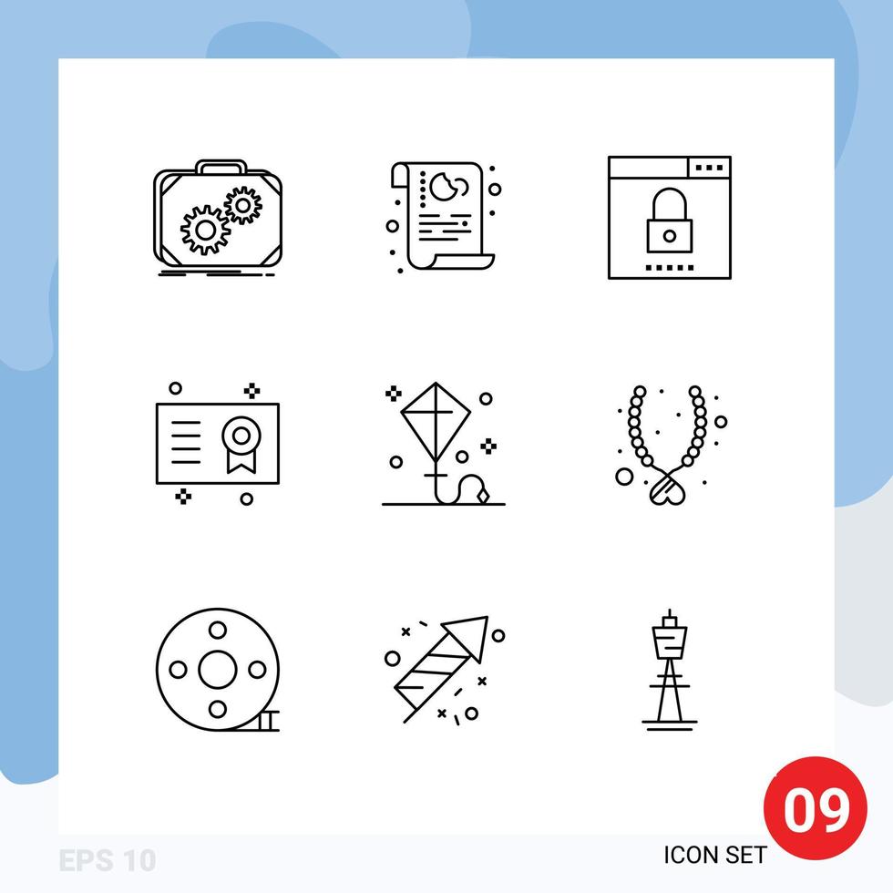 Pictogram Set of 9 Simple Outlines of certificate academic degree privacy security optimization Editable Vector Design Elements