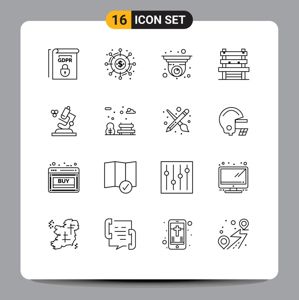 Modern Set of 16 Outlines Pictograph of biology station funds room security camera Editable Vector Design Elements