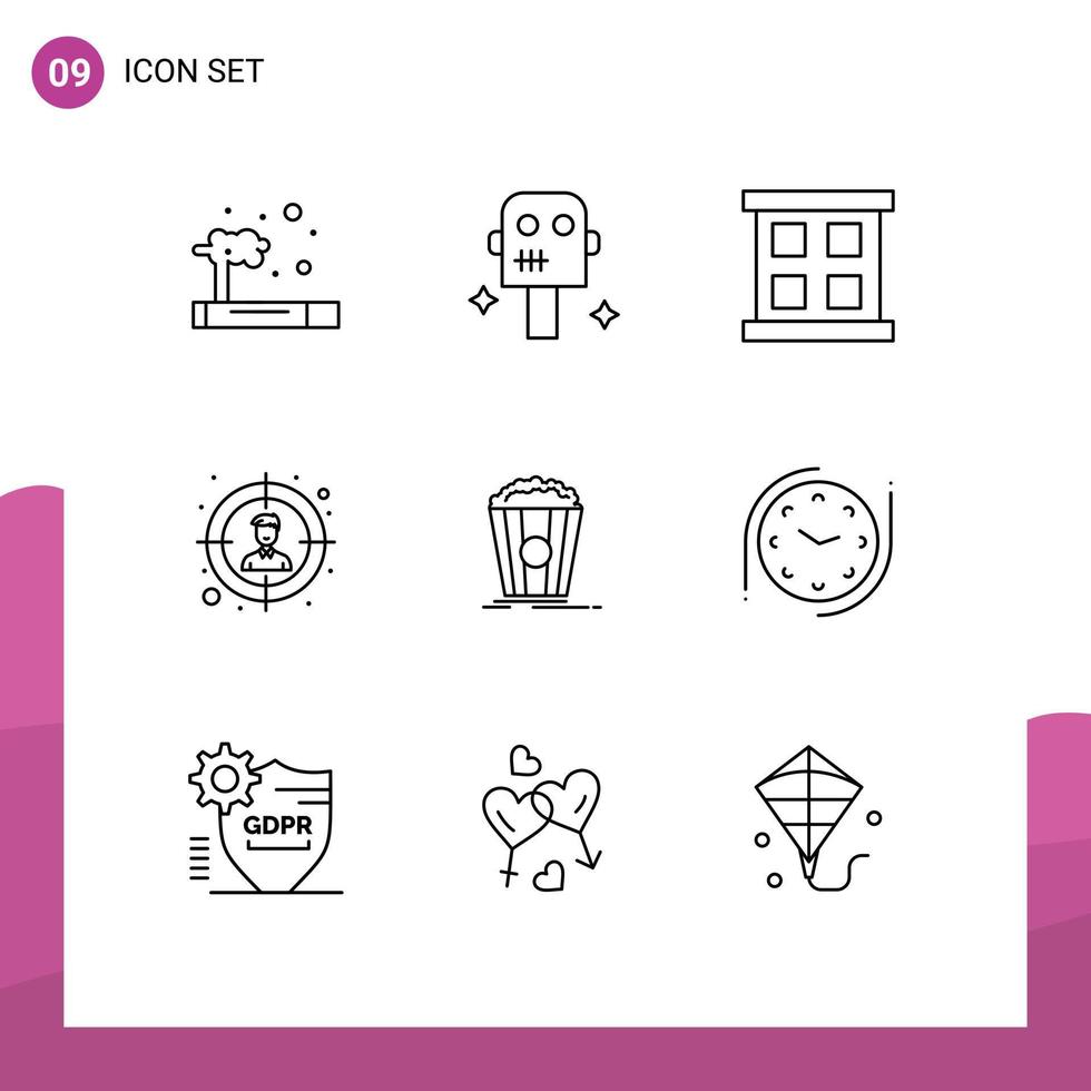Pictogram Set of 9 Simple Outlines of clock movie window theater user Editable Vector Design Elements