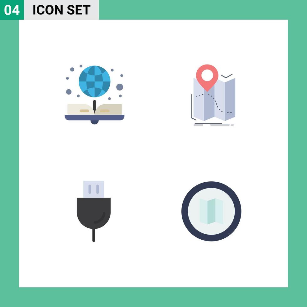 Pack of 4 creative Flat Icons of book devices online book map plug Editable Vector Design Elements