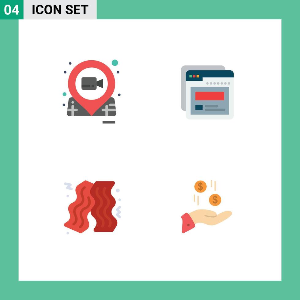 Modern Set of 4 Flat Icons Pictograph of film bacon pin template fast food Editable Vector Design Elements