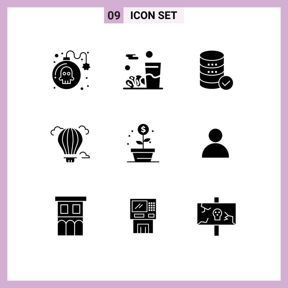 User Interface Pack of 9 Basic Solid Glyphs of growth hot hosting air balloon Editable Vector Design Elements