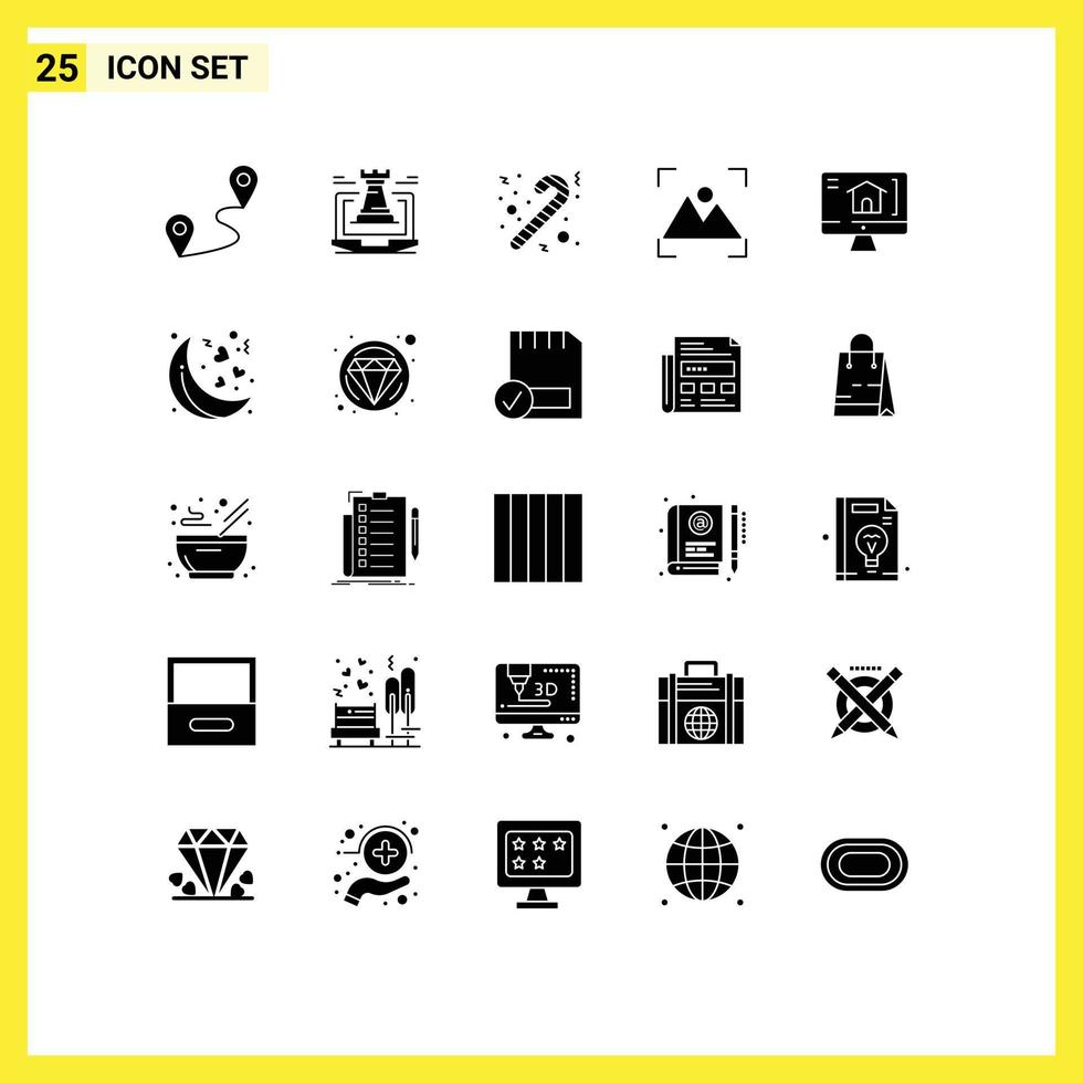 User Interface Pack of 25 Basic Solid Glyphs of house computer candy photography focus Editable Vector Design Elements