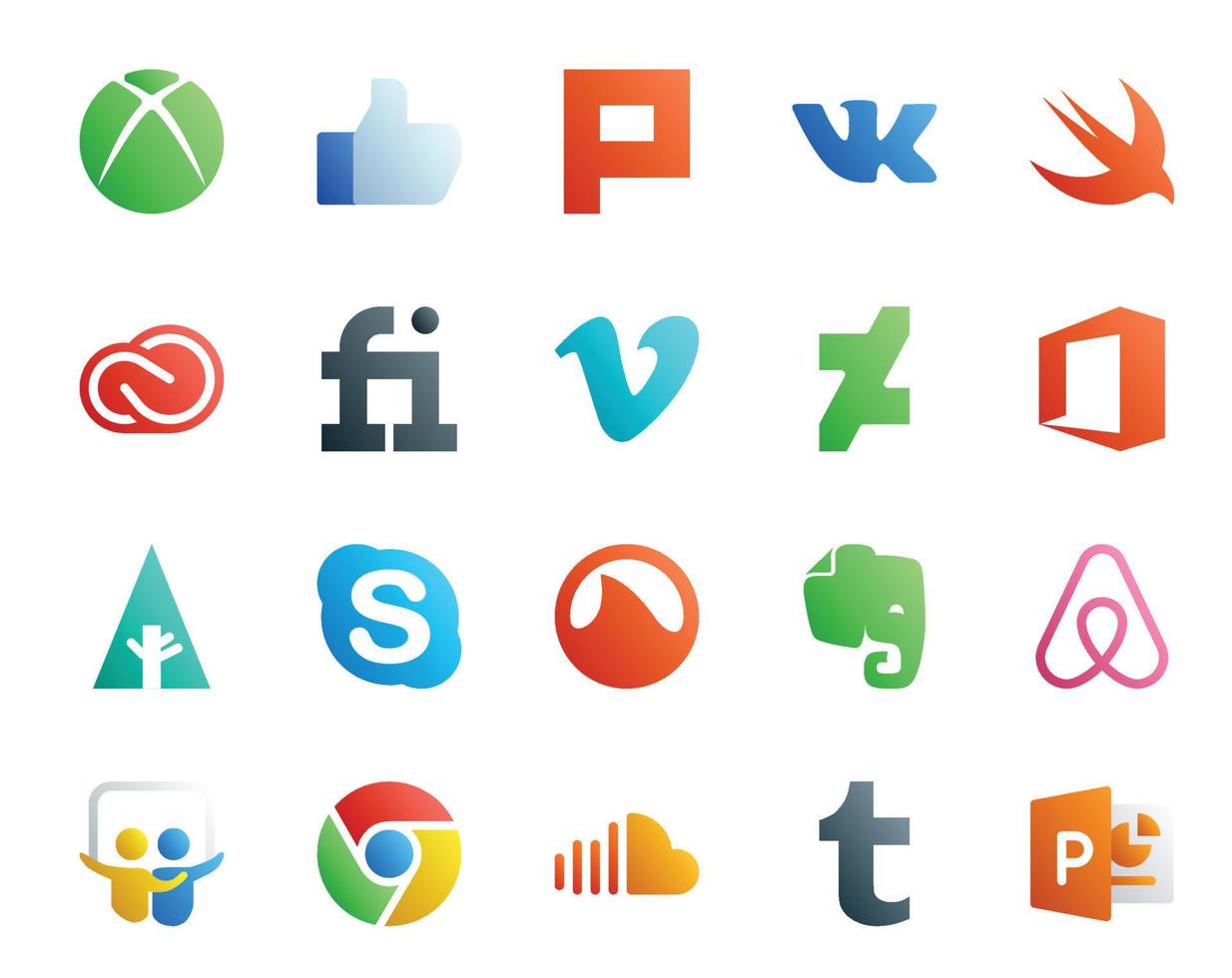 20 social medios de comunicación icono paquete incluso evernote charla cinco skype oficina vector