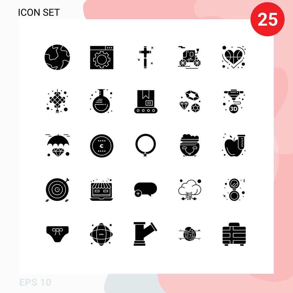 Group of 25 Modern Solid Glyphs Set for heart ball celebration transport horse drawn vehicle Editable Vector Design Elements