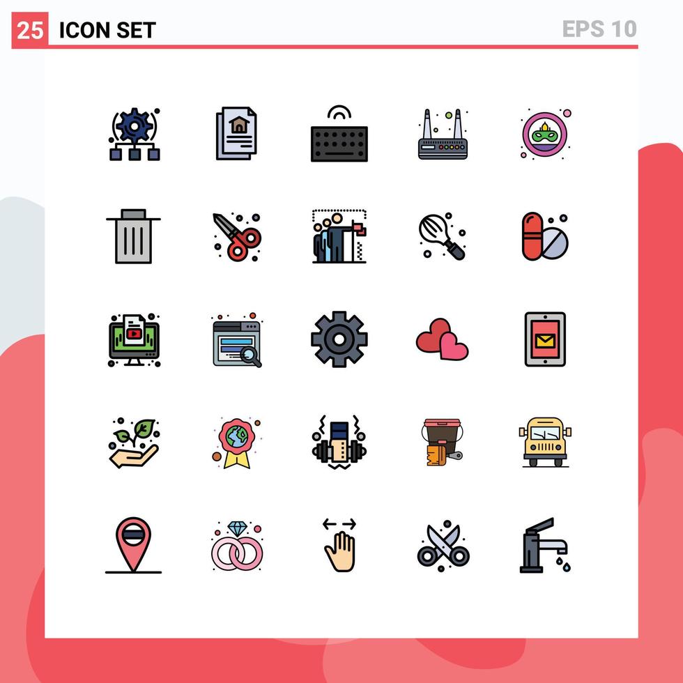 25 Universal Filled line Flat Colors Set for Web and Mobile Applications mask coin keyboard carnival router Editable Vector Design Elements