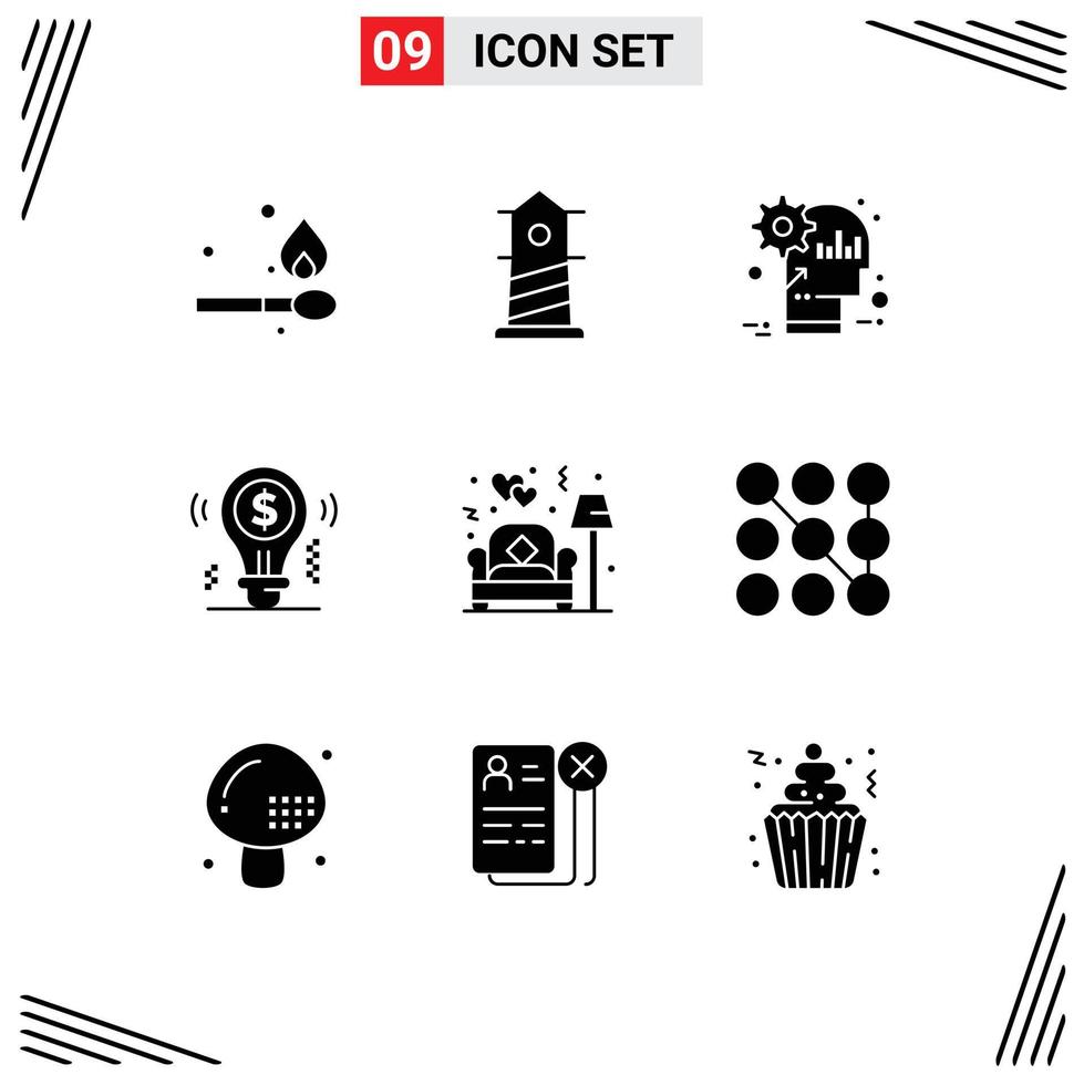 9 Universal Solid Glyphs Set for Web and Mobile Applications lamp solution mind dollar bulb Editable Vector Design Elements