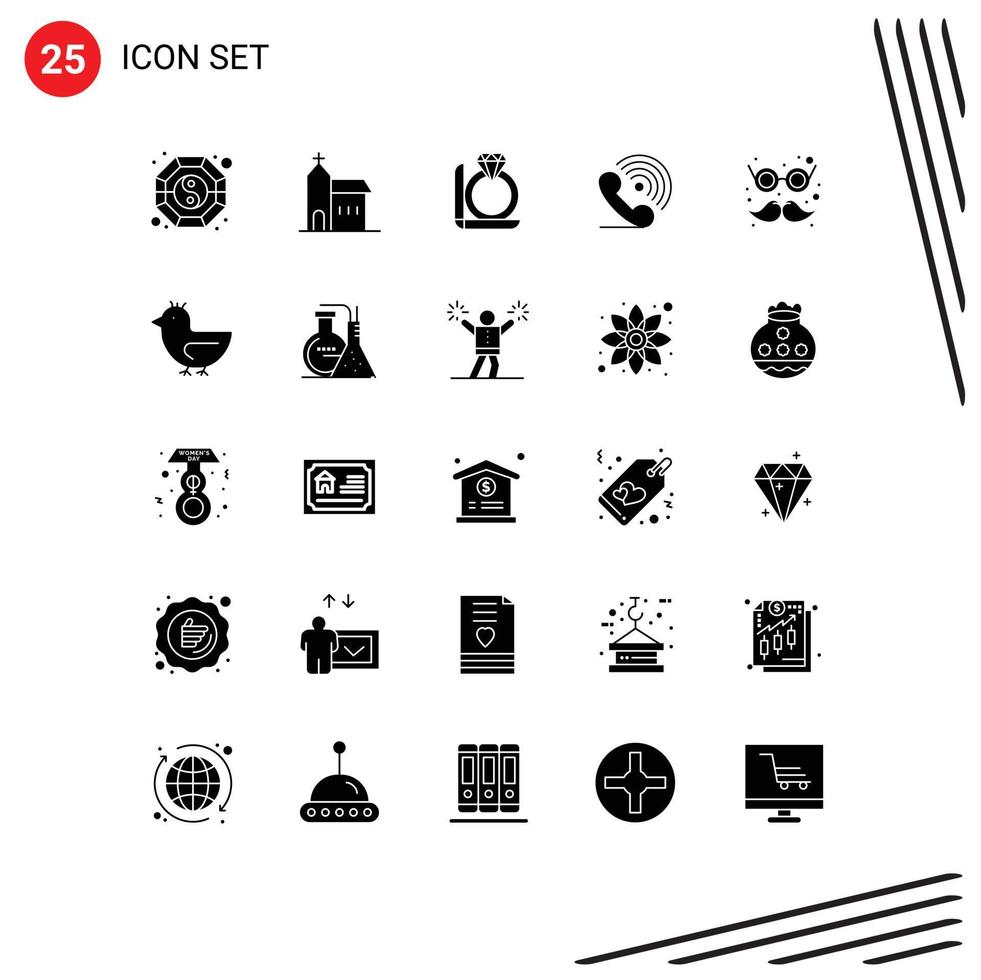 Group of 25 Solid Glyphs Signs and Symbols for signals receiver monastery phone box Editable Vector Design Elements